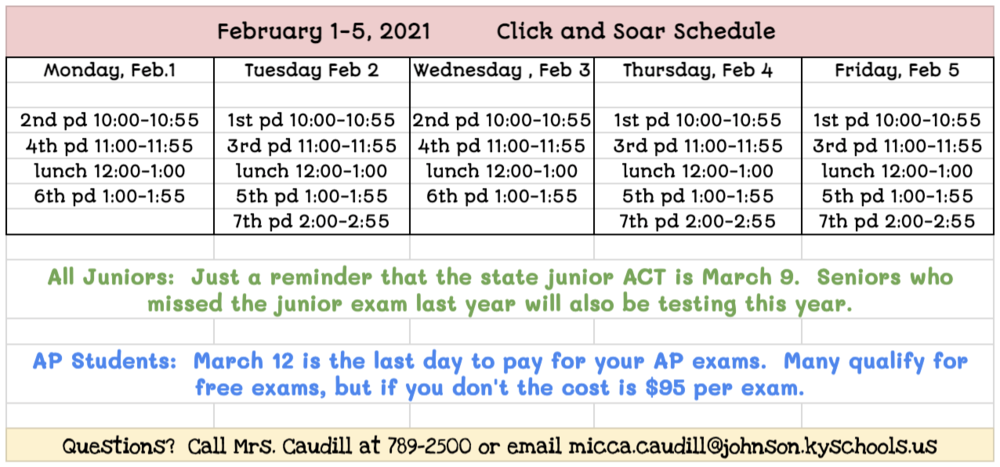 JCHS Click and Soar Google Meet Schedule for February 1-5 | Johnson