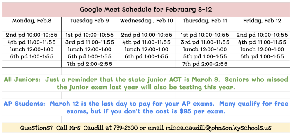 Google Meet Schedule for February 8-12