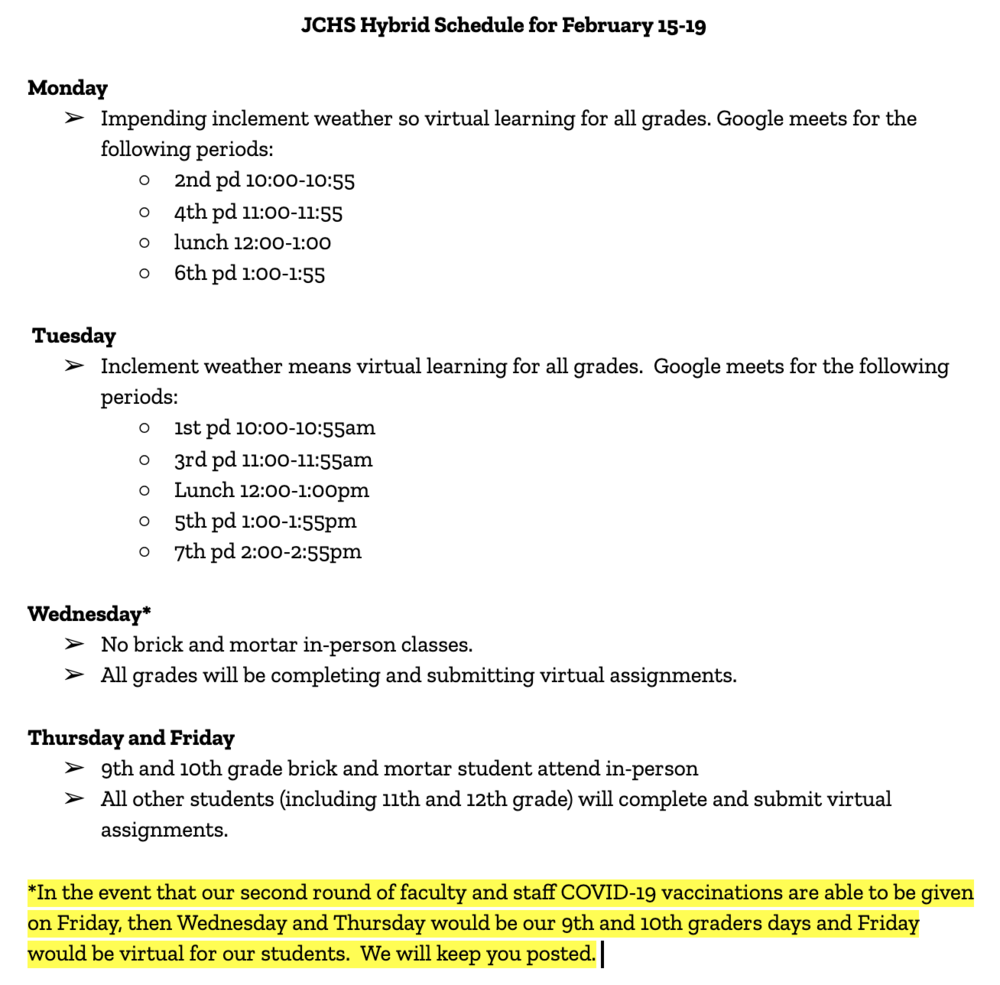 JCHS Hybrid Schedule for February 15-19 | Johnson Central High School