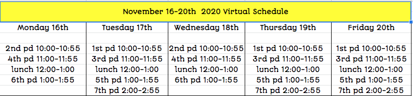 November 16-20 Google Meet Schedule
